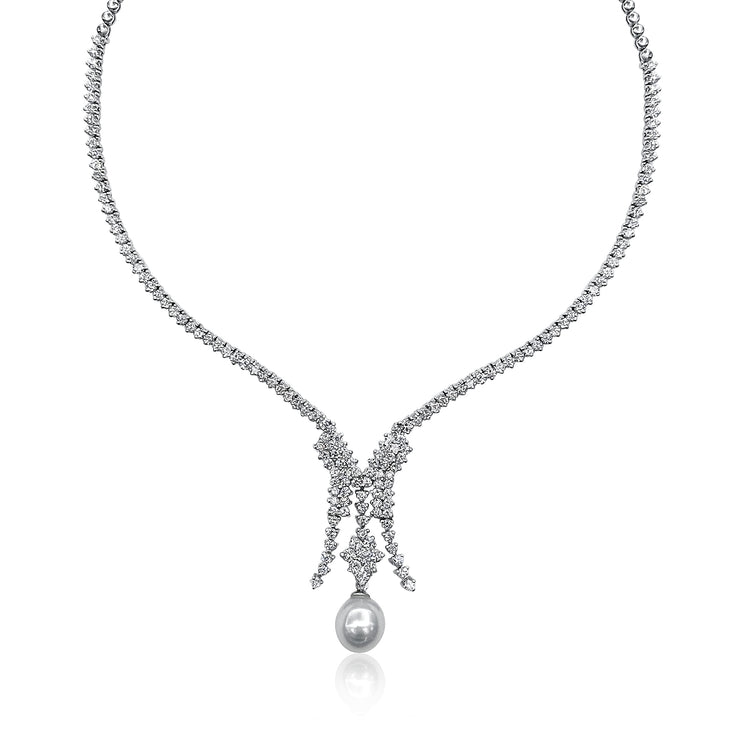 18K White Gold 5.00 CT Round Diamond Pearl Necklace