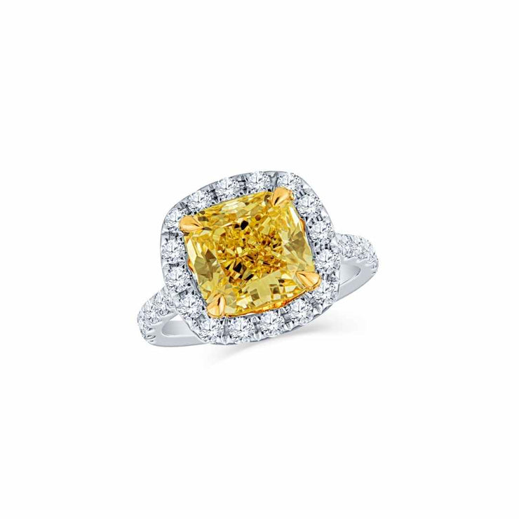 3.00 Carat GIA Certified Fancy Yellow Cushion and Round Diamond Halo Ring set in 14K Gold