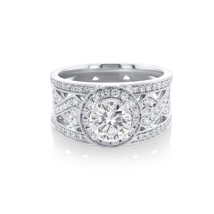 1.03 CT Round Diamond with 0.86 Cttw Halo Twist 18K White Gold Wide Band Engagement Ring
