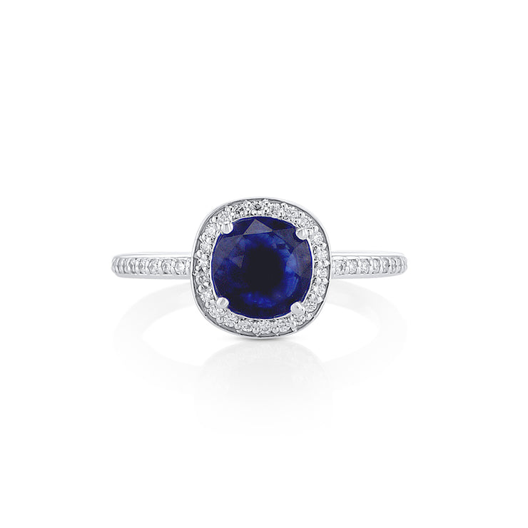 1.60 CT Round Blue Sapphire and 0.23 Cttw Diamond Halo 14K White Gold Ring