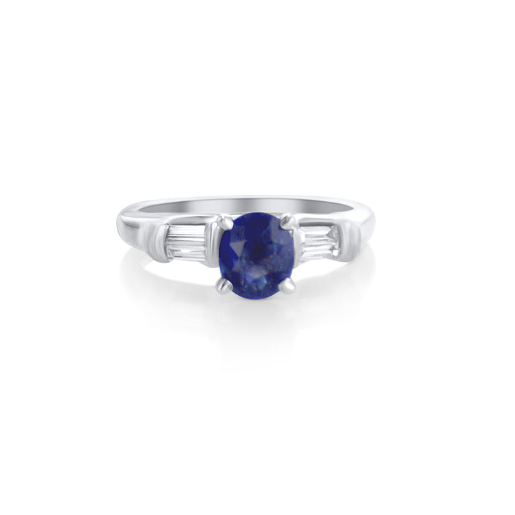 1.07 CT Oval Cut Blue Sapphire and 0.25 Cttw Diamond Halo 14K White Gold Ring