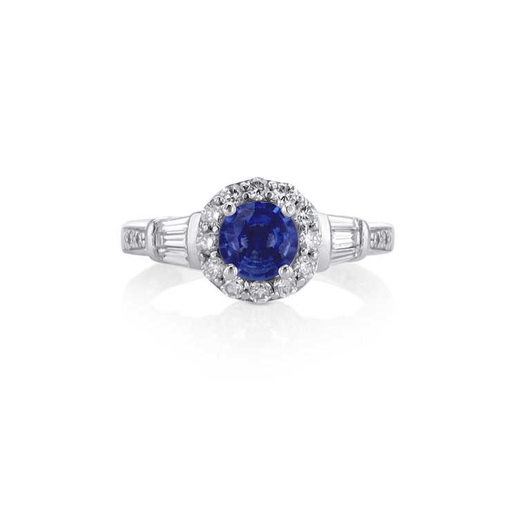 0.53 CT Round Blue Sapphire and 0.40 Cttw Diamond Halo 14K White Gold Ring