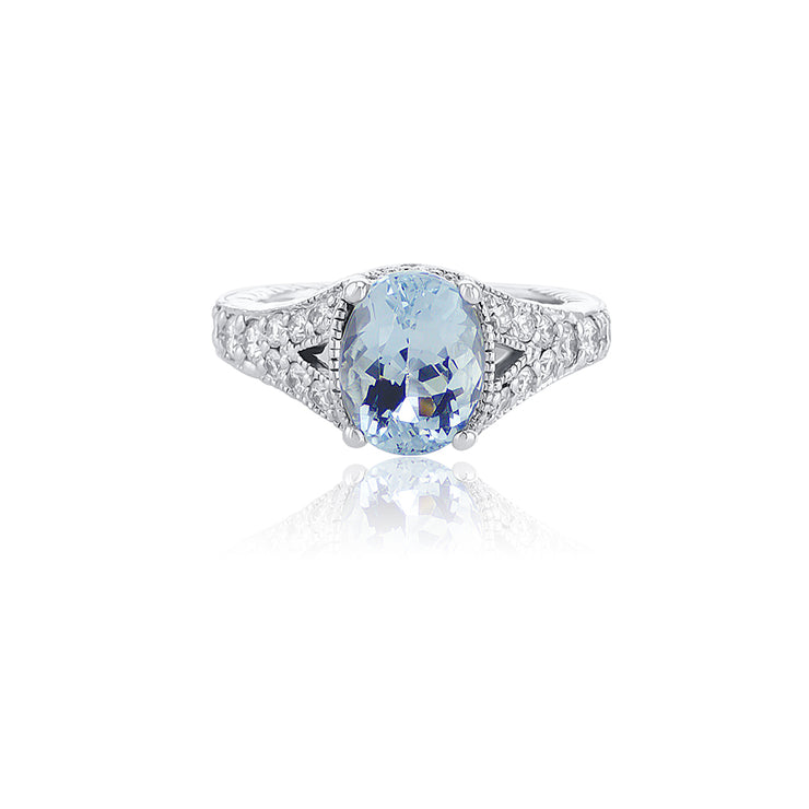 1.92 CT Oval Cut Aquamarine and 0.50 Cttw Diamond 14K White Gold Ring