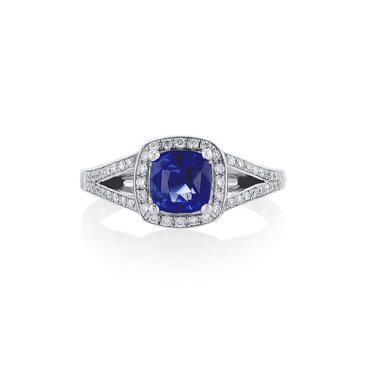 1.19 CT Cushion Cut Blue Sapphire and 0.60 Cttw Diamond Halo and Split Shank 14K White Gold Ring