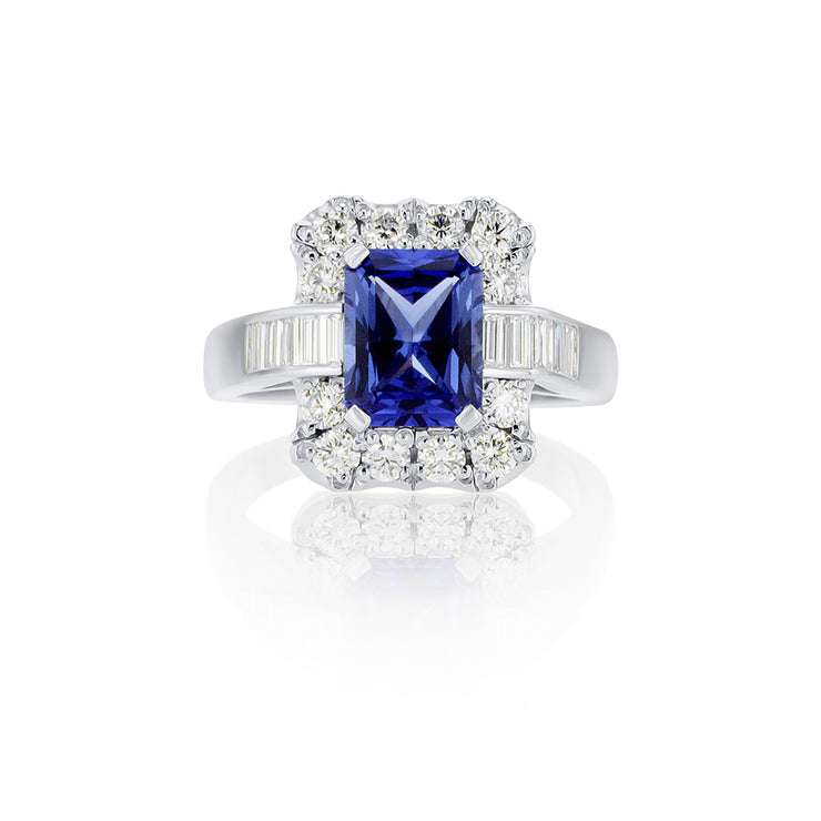 2.74 CT Emerald Cut Lab Grown Blue Sapphire with 2.00 Cttw Mixed Cut Diamond Halo Platinum Engagement Ring
