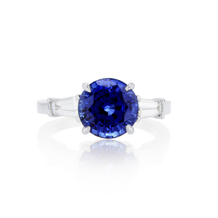 3.97 CT Round Brilliant Lab Grown Blue Sapphire with 0.50 Cttw Tapered Baguettes Platinum Engagement Ring
