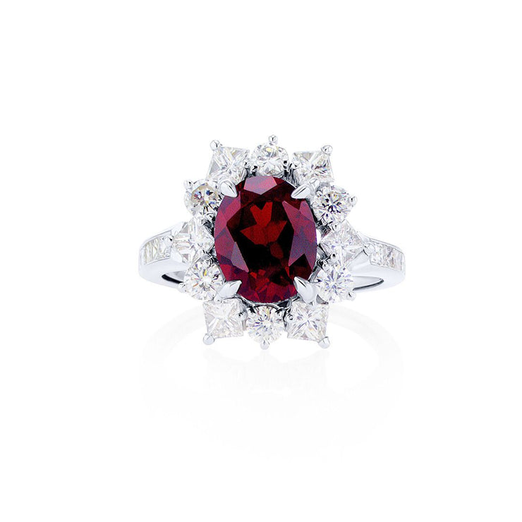 3.13 CT Oval Cut Lab Grown Ruby with 1.50 Cttw Mixed Cut Diamond Halo 18K White Gold Engagement Ring