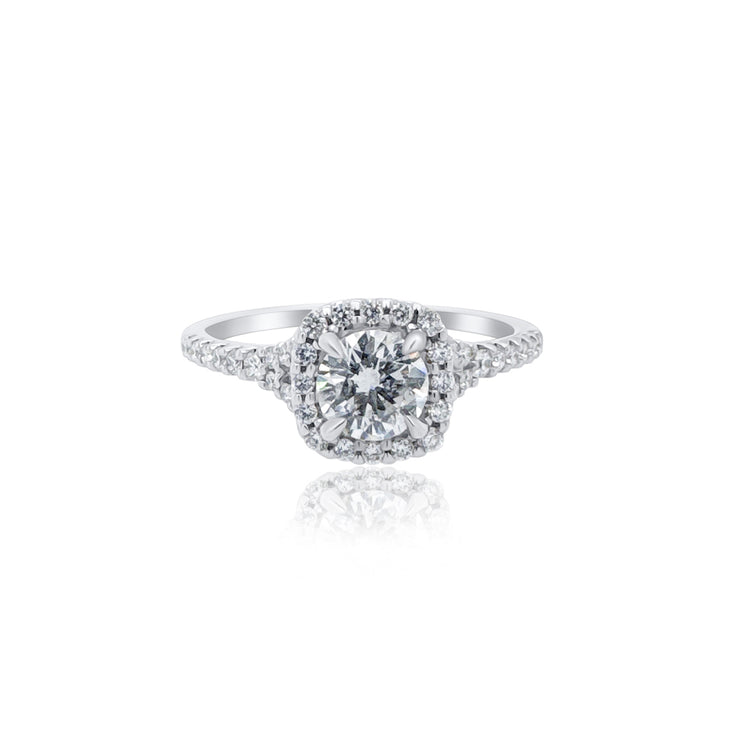 0.52 CT Round Cut Diamond with 0.33 Cttw Halo Split Shank Engagement Ring 14K White Gold
