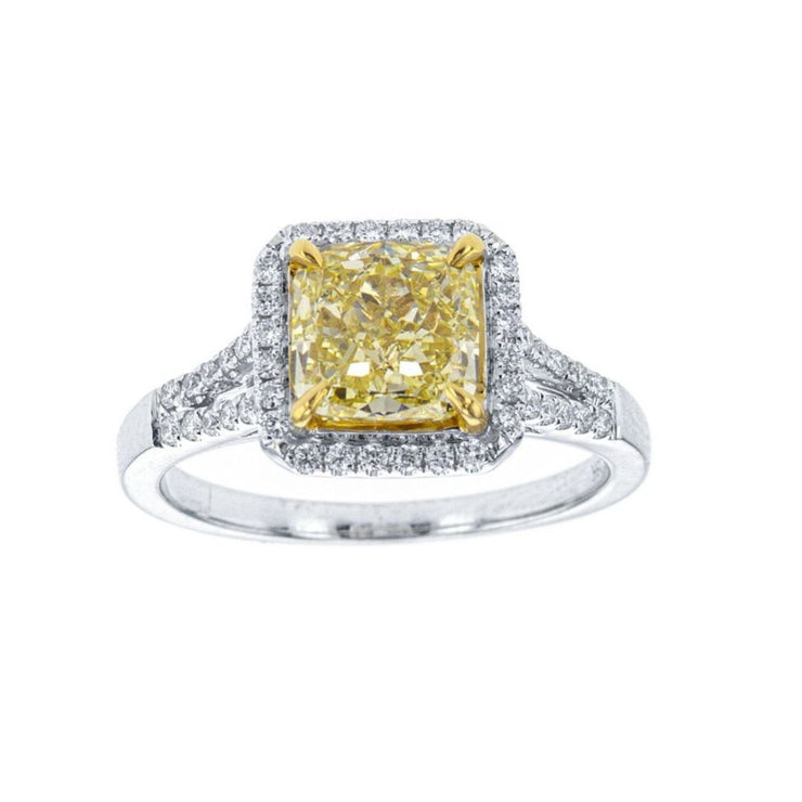 2.28 CT Fancy Light Yellow Cushion Diamond Halo 18K Two Tone Ring