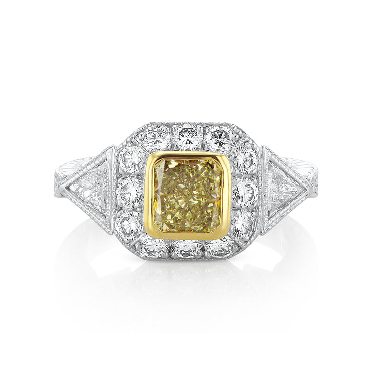 Fancy Yellow Radiant Three Stone Halo Ring