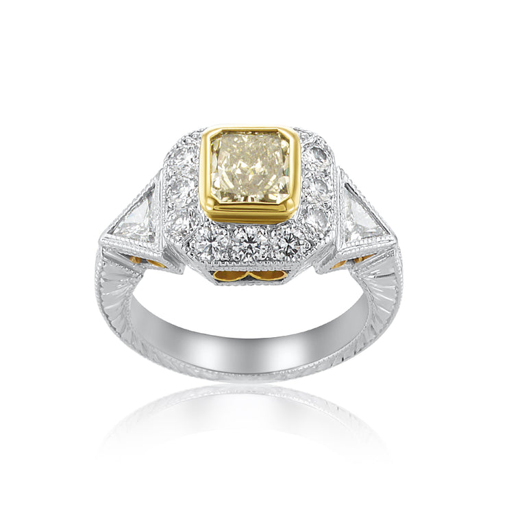 Fancy Yellow Radiant Three Stone Halo Ring