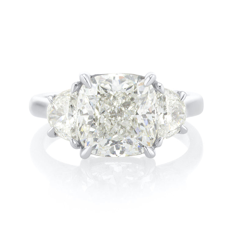 4.00 Carat Cushion and Half Moon Diamond Three Stone Ring Set in Platinum