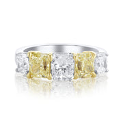 3.25 Carat Light Yellow and White Natural Radiant & Cushion Cut Diamond 5 Stone Band in 14K White & Yellow Gold