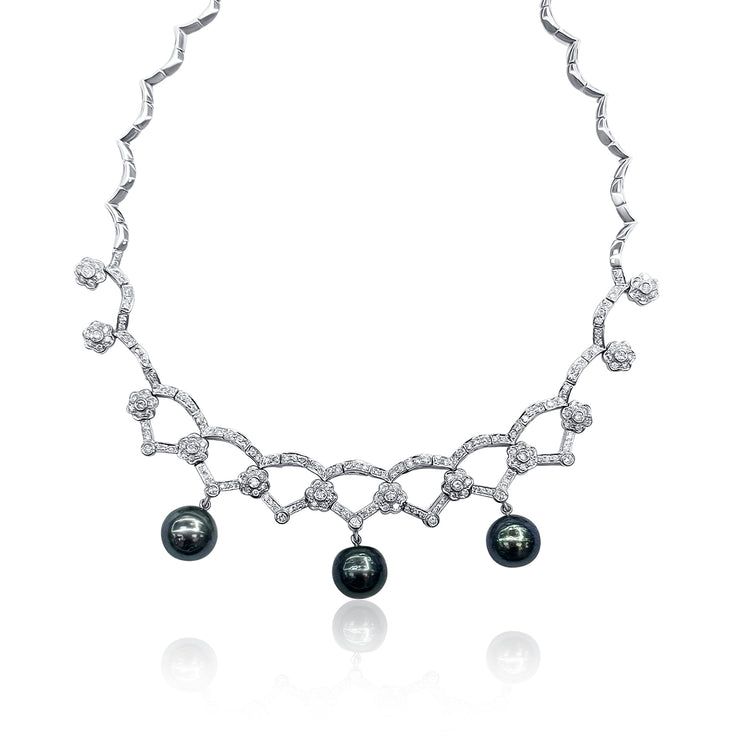 Diamond and Black Pearl Fancy Necklace in 14K White Gold