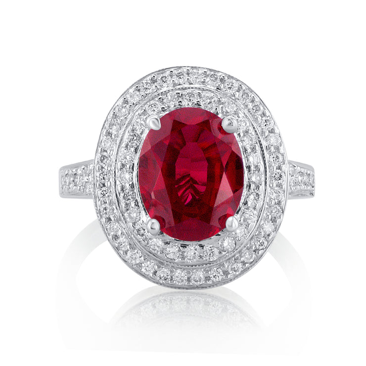 3.55 Carat Lab Grown Ruby & Natural Diamond Double Halo Ring in 18K White Gold