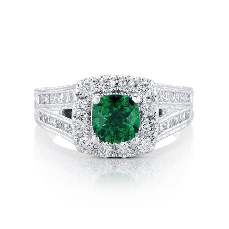 0.75 Carat LAB Grown Emerald & Natural Diamond Ring in 14K White Gold