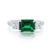 1.48 Carat Green Lab Grown Emerald & Natural Diamond 3 Stone Ring in 14K White Gold