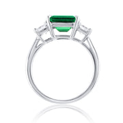 1.48 Carat Green Lab Grown Emerald & Natural Diamond 3 Stone Ring in 14K White Gold