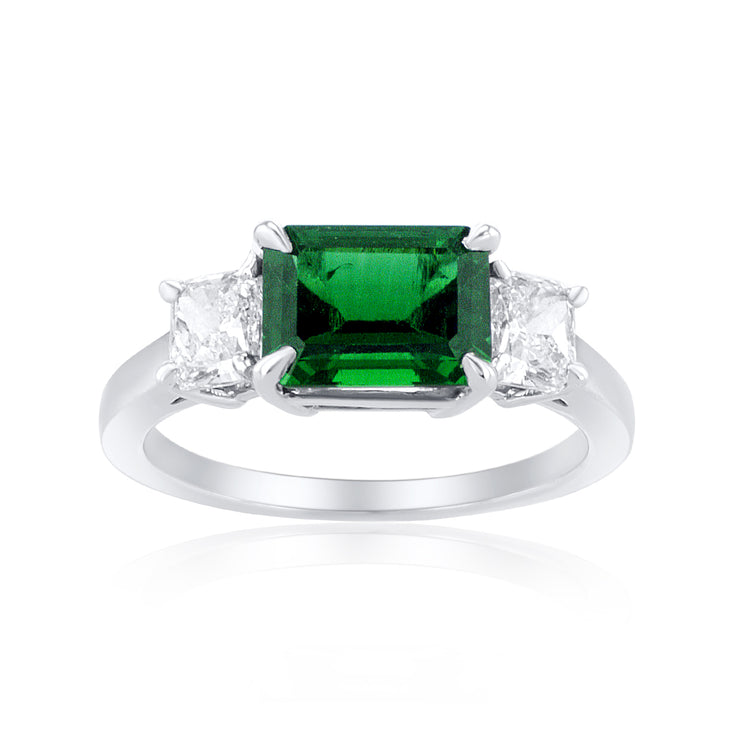 1.48 Carat Green Lab Grown Emerald & Natural Diamond 3 Stone Ring in 14K White Gold