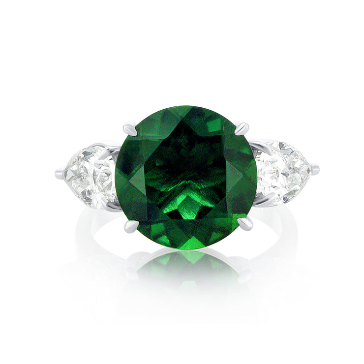 5.41 Carat Lab Created Green Emerald and Diamond 3 Stone Ring in Platinum