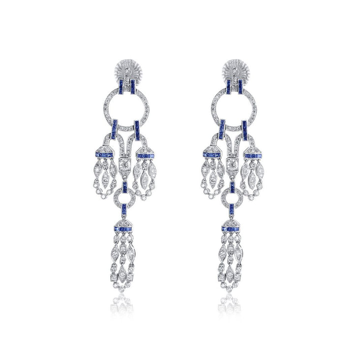 3.00 Carat Natural Diamond And Sapphire Dangle Earrings in 18k White Gold