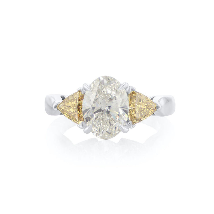 2.06 CT Oval Shape Lab Grown Diamond and 0.93 Cttw Trillion Cut Fancy Deep Yellow Diamond Three Stone 14K White Gold Engagement Ring