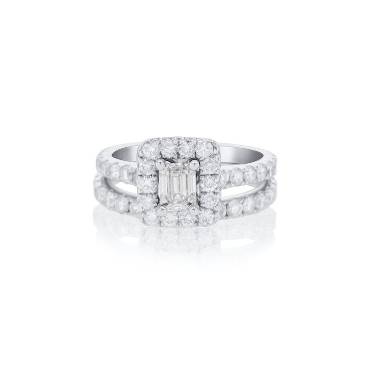 0.37 CT Emerald Cut Lab Grown Diamond with 1.35 Cttw Halo Engagement Ring and Wedding Band Set 14K White Gold