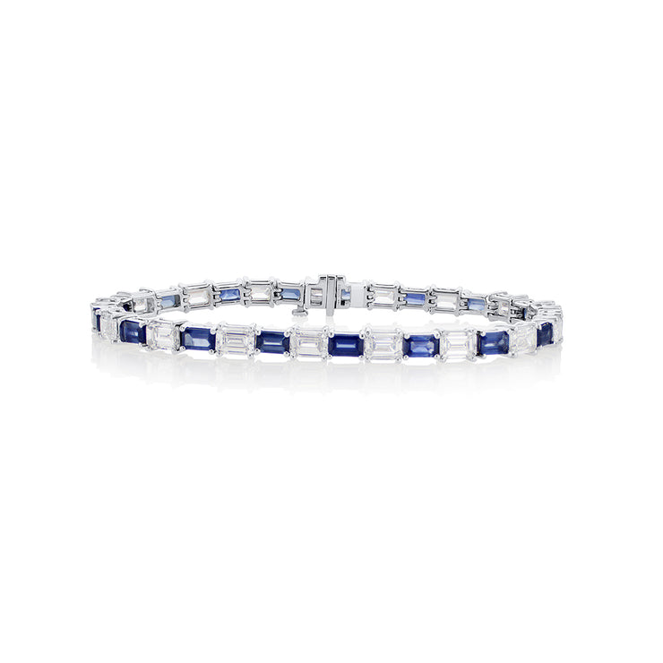 9.13 Cttw Emerald Cut Lab Grown Diamond and 5.52 Cttw Blue Sapphire Alternating 14K White Gold East-West Tennis Bracelet