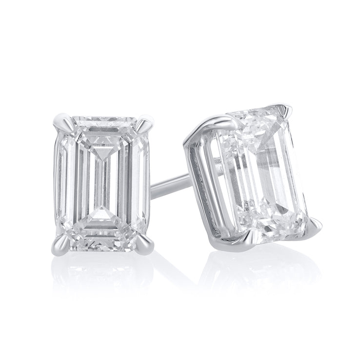 2.03 Carat Emerald Cut Lab Grown Diamond Basket Set Studs in 14K White Gold