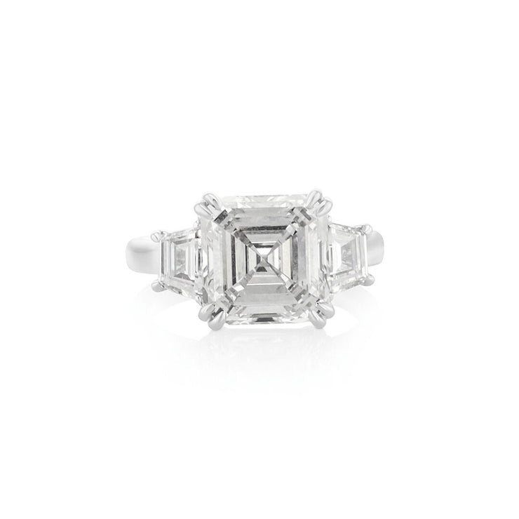 5.02 CT Asscher Cut Lab Grown Diamond and 0.90 Cttw Trapezoid Cut Platinum Three Stone Engagement Ring