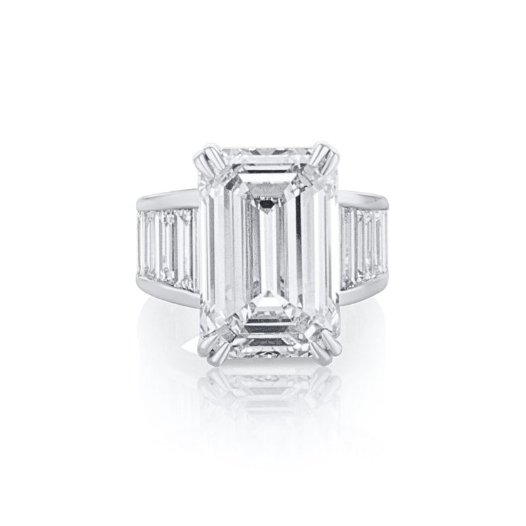 12.16 CT Emerald Cut and 3.64 Cttw Baguette Cut Lan Grown Diamond Channel Set 14K White Gold Engagement Ring
