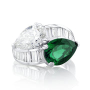 3.01 Carat Pear Emerald & 3.70 Carat Pear Diamond Lab Grown Ring in 14 K White Gold