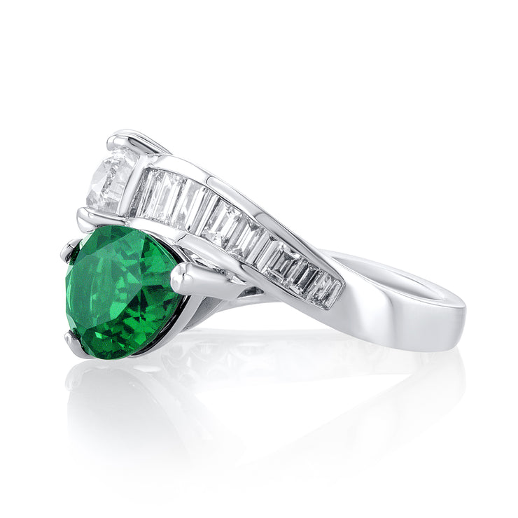 3.01 Carat Pear Emerald & 3.70 Carat Pear Diamond Lab Grown Ring in 14 K White Gold