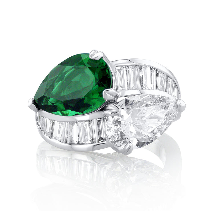 3.01 Carat Pear Emerald & 3.70 Carat Pear Diamond Lab Grown Ring in 14 K White Gold