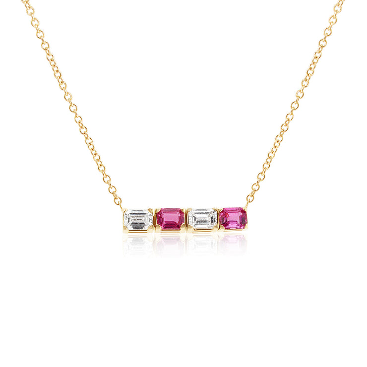 1.05 Carat Lab Emerald Cut and 1.18 Emerald Cut Lab Pink Sapphire Necklace in 14K Rose Gold