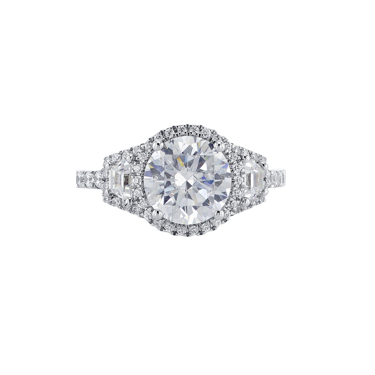 Round Cut Diamond with 0.32 Cttw Trapezoid Three Stone and 0.36 Cttw Halo 14K White Gold Engagement Ring Setting