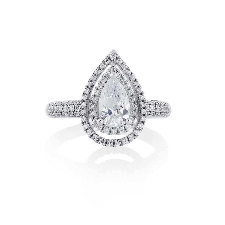Pear Cut Diamond with 0.56 Cttw Double Halo Pavé 14K White Gold Engagement Ring Setting