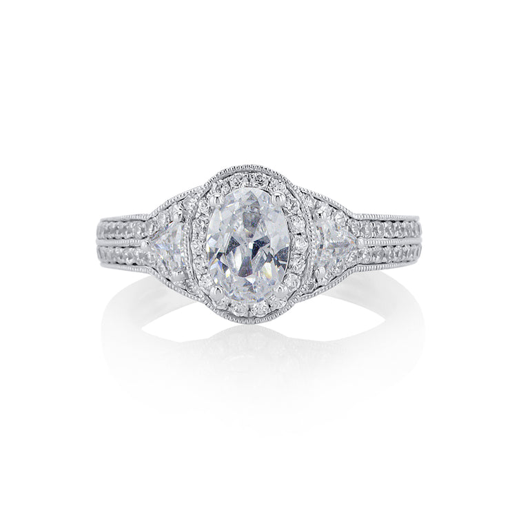 Oval Cut Diamond with Trillion Cut Side Stones in a Milgrain Halo Pavé 14K White Gold Engagement Ring Setting