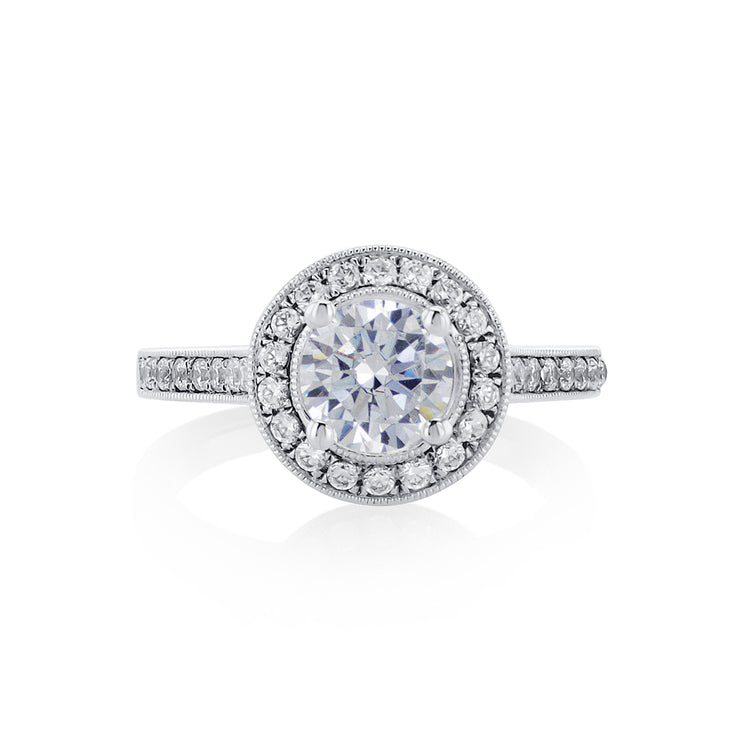Round Cut Diamond and 0.43 Cttw Halo Milgrain Channel Set 14K White Gold Engagement Ring Setting