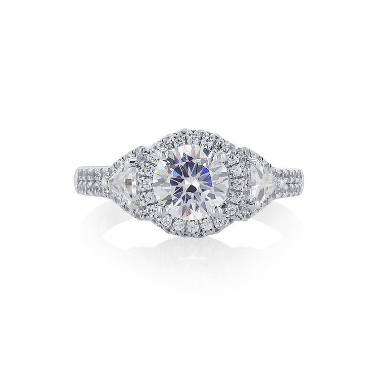 Round and Trillion Cut Diamond Three Stone with a 0.77 Cttw Halo 14K White Gold Engagement Ring Setting