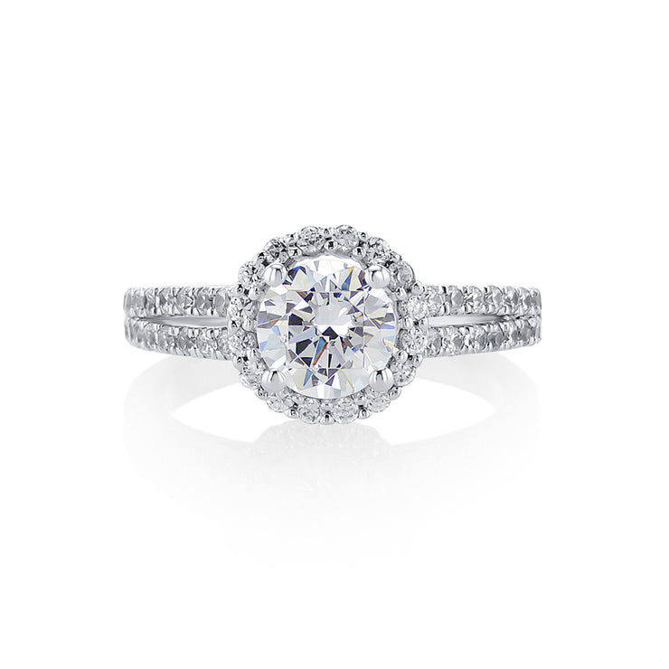 Round Cut Diamond with a 0.64 Cttw Halo and Split Shank 14K White Gold Engagement Ring Setting