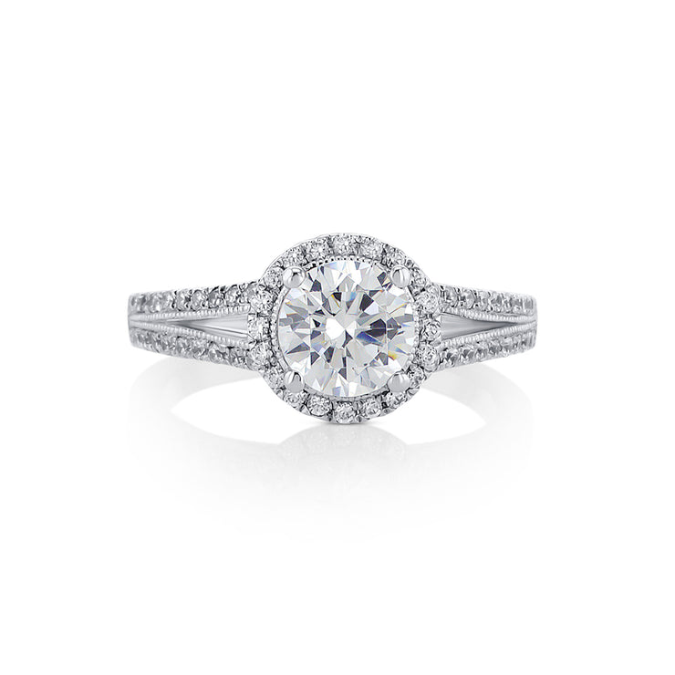 Round Cut Diamond with a 0.32 Cttw Halo and Milgrain Split Shank 14K White Gold Engagement Ring Setting