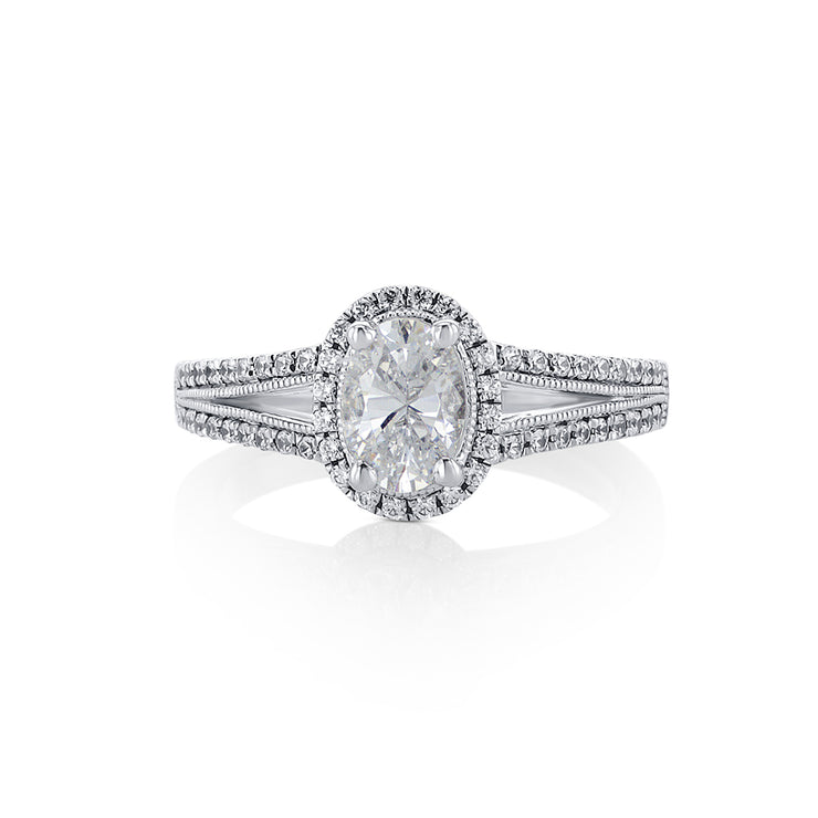 Oval Cut Diamond with a 0.30 Cttw Halo and Milgrain Split Shank 14K White Gold Engagement Ring Setting