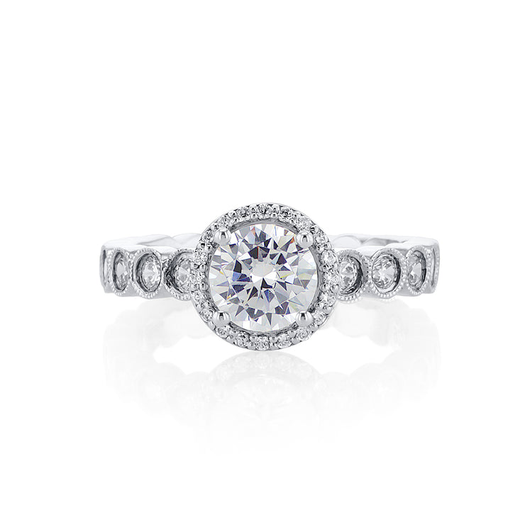 Round Cut Diamond with a 0.46 Cttw Halo and Milgrain Bezel Set 14K White Gold Engagement Ring Setting
