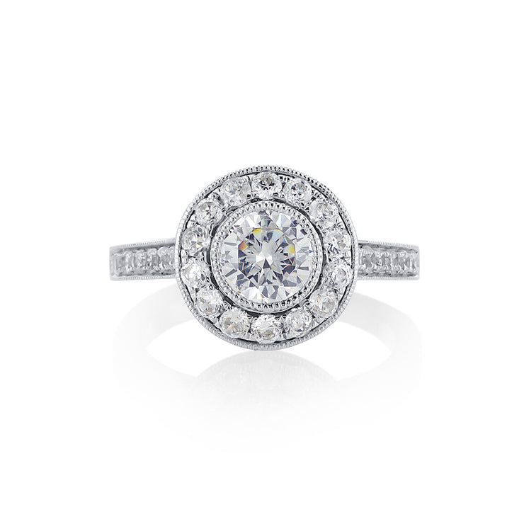 Round Cut Diamond with a 0.66 Cttw Milgrain Channel Set Halo 14K White Gold Engagement Ring Setting