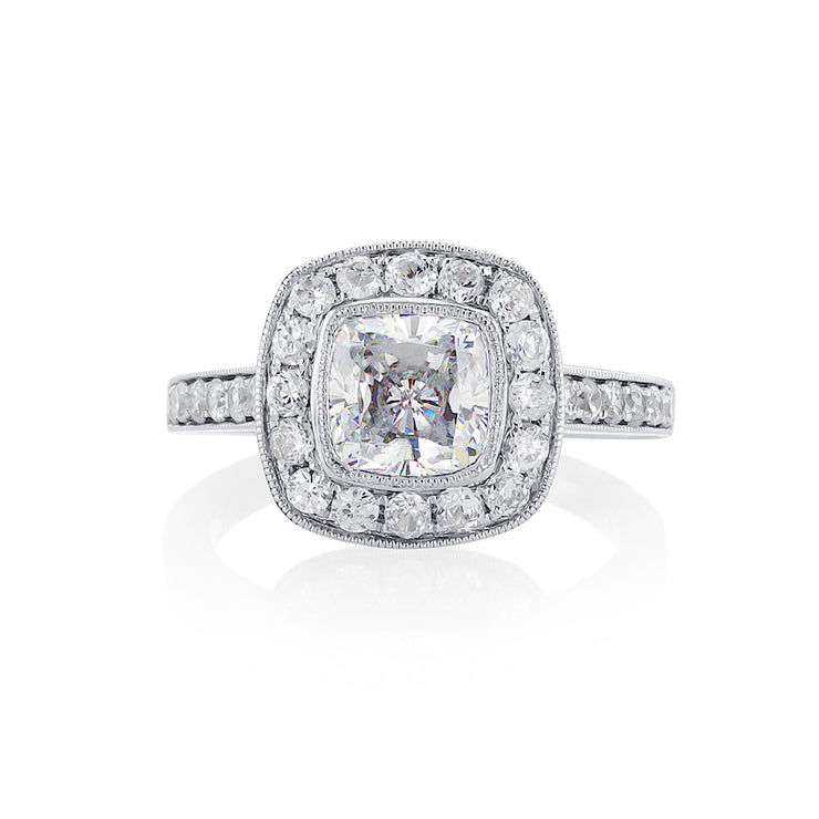 Cushion Cut Diamond with a Milgrain Channel Set Halo 14K White Gold Engagement Ring Setting