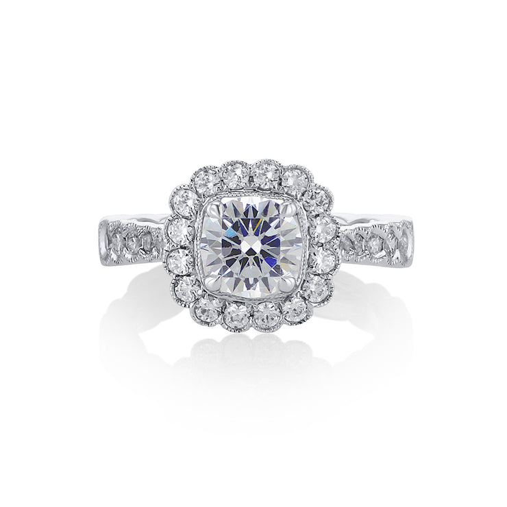 Round Cut Diamond with a 0.64 Cttw Floral Milgrain Halo 14K White Gold Engagement Ring Setting
