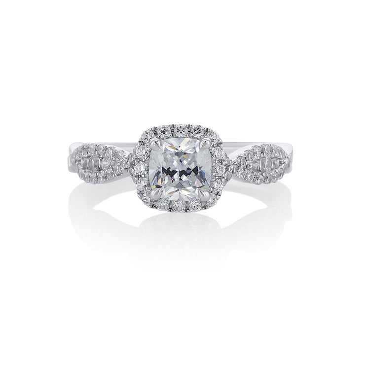 Cushion Cut Diamond with 0.39 Cttw Halo and Eyelet Pavé 14K White Gold Engagement Ring Setting