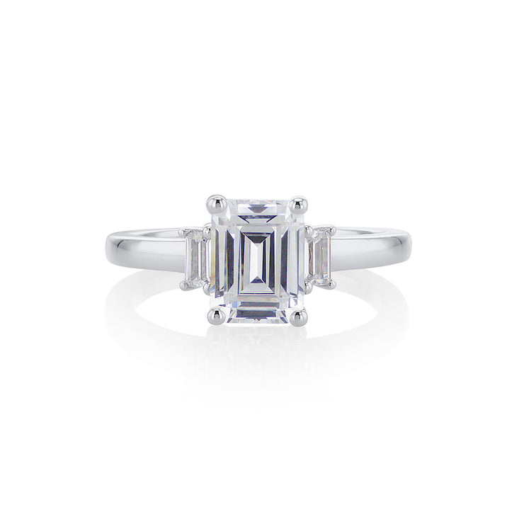 Emerald Cut Diamond with 0.24 Cttw Baguette Three Stone 14K White Gold Engagement Ring Setting