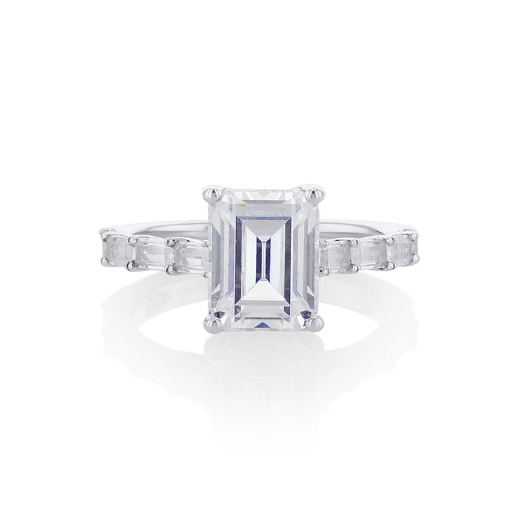 Emerald Cut Diamond with 0.50 Cttw Baguette Prong Set 14K White Gold Engagement Ring Setting